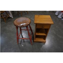 WOOD 1 DRAWER SIDE TABLE AND STOOL