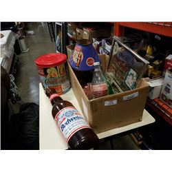 BOX OF COCA COLA COLLECTABLES, MIRRORED ADVERT, LAMP, AND LARGE BUDWEISER BOTTLE