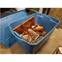 TOTE OF VINTAGE KITCHEN UTENSILS, MIXER, WOOD BOWLS, ETC
