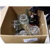 Image 3 : BOX OF GLASS LIDDED MASON JARS, VINTAGE BEER BOTTLES AND DECANTERS AND MOTORCYCLE CALENDERS AND HELM