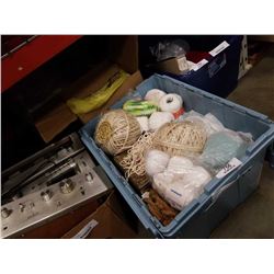 BASKET AND TOTE OF YARN, KNITTING NEEDLES AND CASE OF LACE DOILIES AND BOX OF PATTERNS