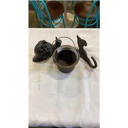 CAST IRON BUCKET, DOOR STOP, AND WALL HOOK