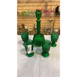 Green decanter and 4 glasses