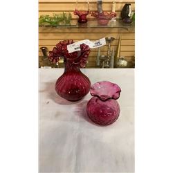 2 DECORATIVE CRANBERRY GLASS VASES