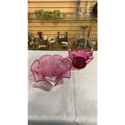 Pink art glass bowl and basket