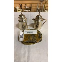 Plated brass cream and sugar set with 2 moulded dishes