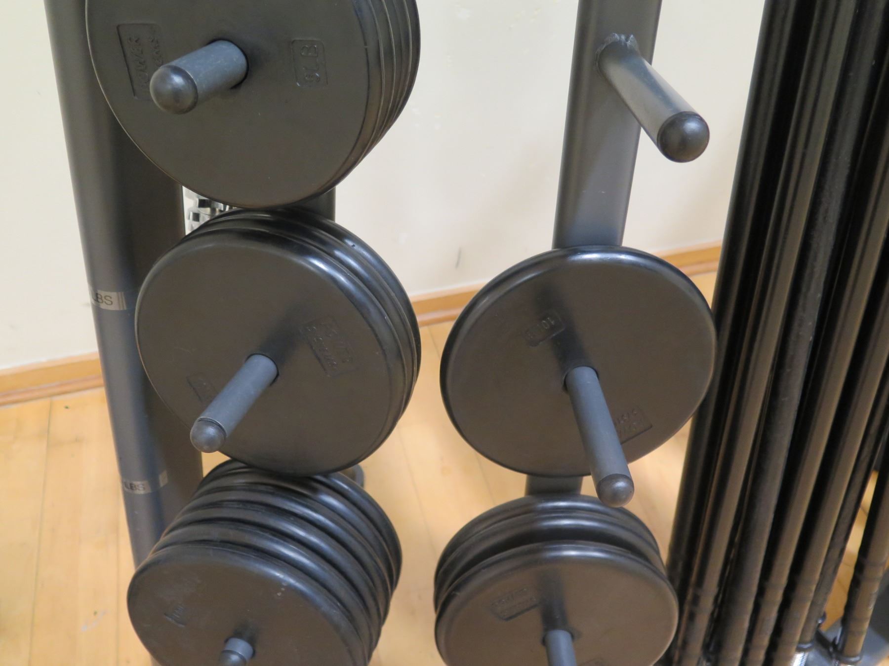 Threaded Barbell Bars, Ring Collars, Weights and Rack
