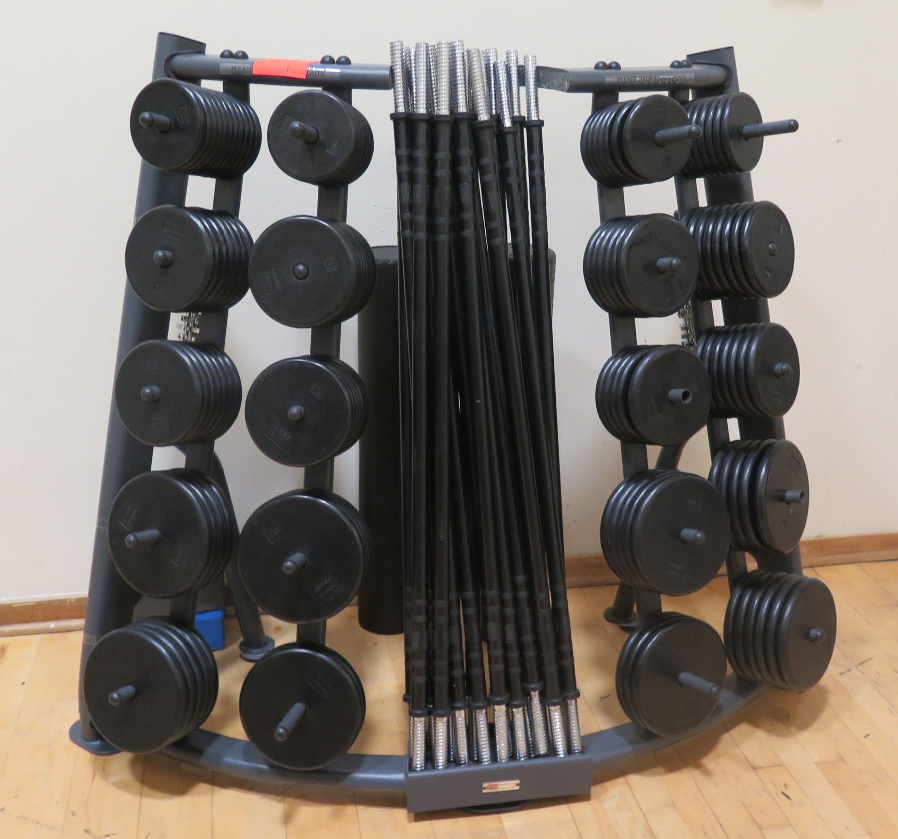 Threaded Barbell Bars, Ring Collars, Weights and Rack