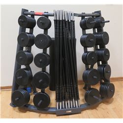 Threaded Barbell Bars, Ring Collars, Weights and Rack