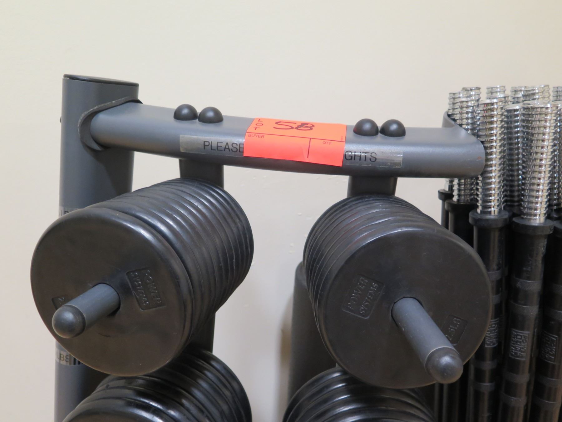 Threaded Barbell Bars, Ring Collars, Weights and Rack