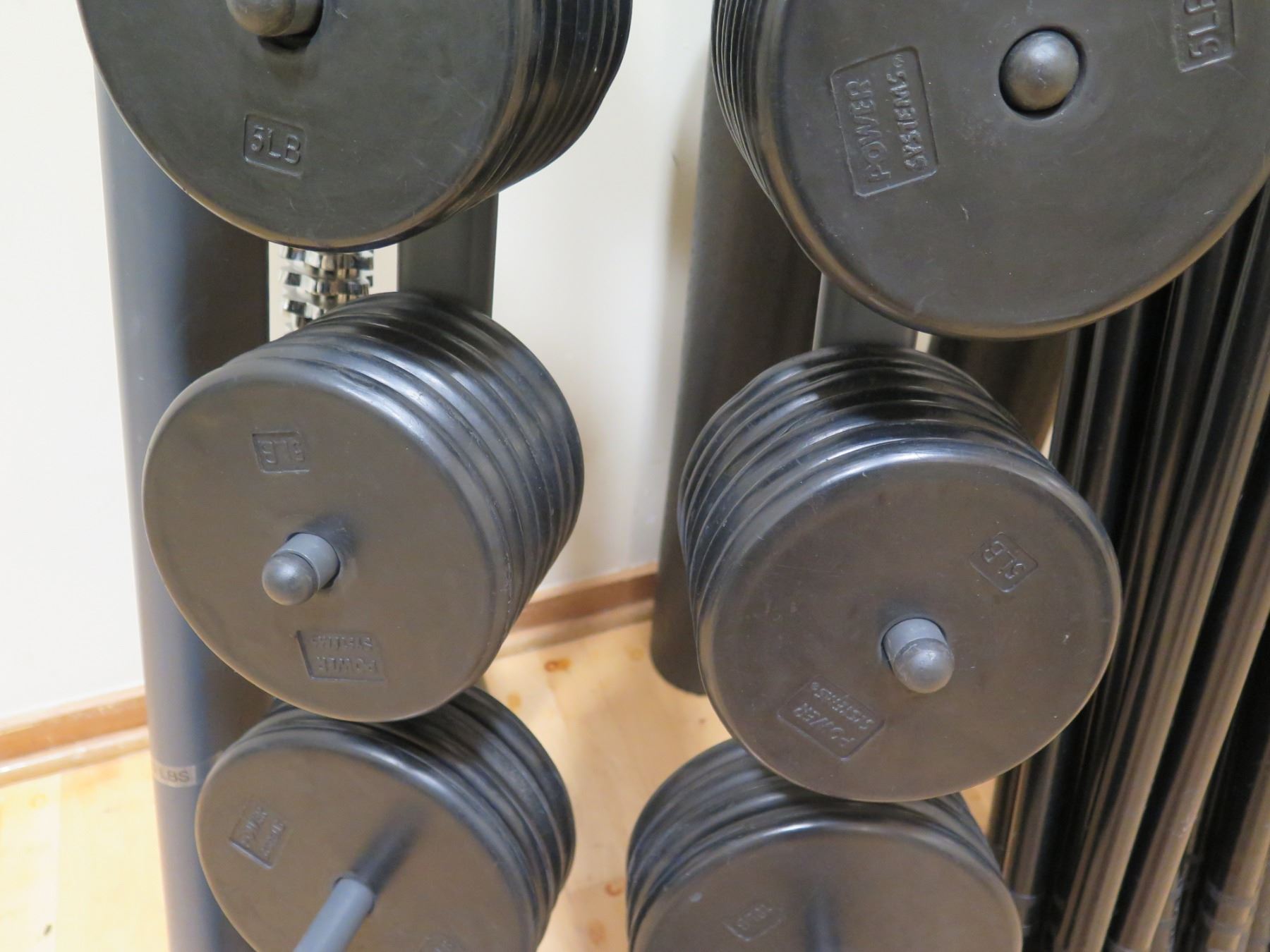 Threaded Barbell Bars, Ring Collars, Weights and Rack