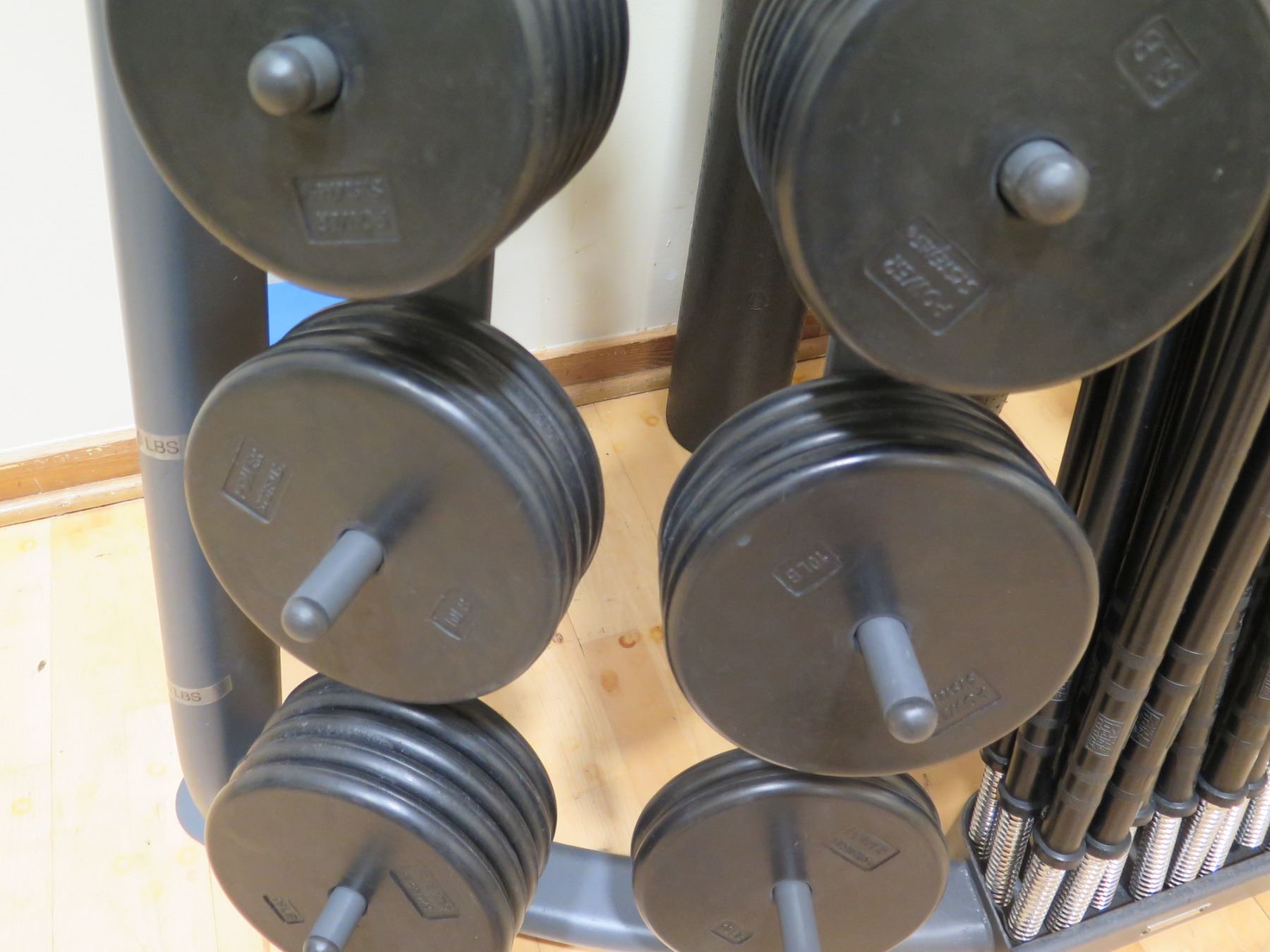 Threaded Barbell Bars, Ring Collars, Weights and Rack