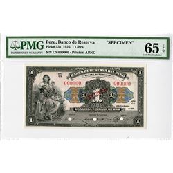Banco De Reserva Del Peru, 1926 "Unissued" Specimen Only Issue Banknote.