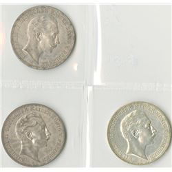 Germany, Prussia, 1908A; 1910A; and, 1912A, 3 Mark Trio, Silver, KM#527, Choice VF to Choice XF.