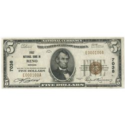 Reno, NV, 1929, $5 Ty. 1, First National Bank in Reno, Ch# 7038, Fr#1800-1, Serial # E000100A.