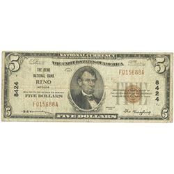 Reno, NV, 1929, $5 Ty. 1, The Reno National Bank, Reno, Ch# 8424, Fr#1800-1.