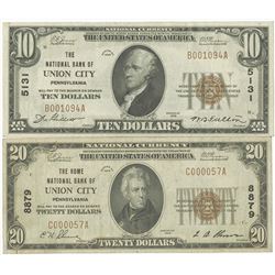 Pennsylvania, National Bank of Union City, $10 and $20, Series of 1929, T1, Ch#5131, Jones | Woods S