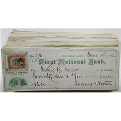 Loomis & Norton, First National Bank, Suffield, Connecticut, 1871 to 1874 Large group of Issued Chec