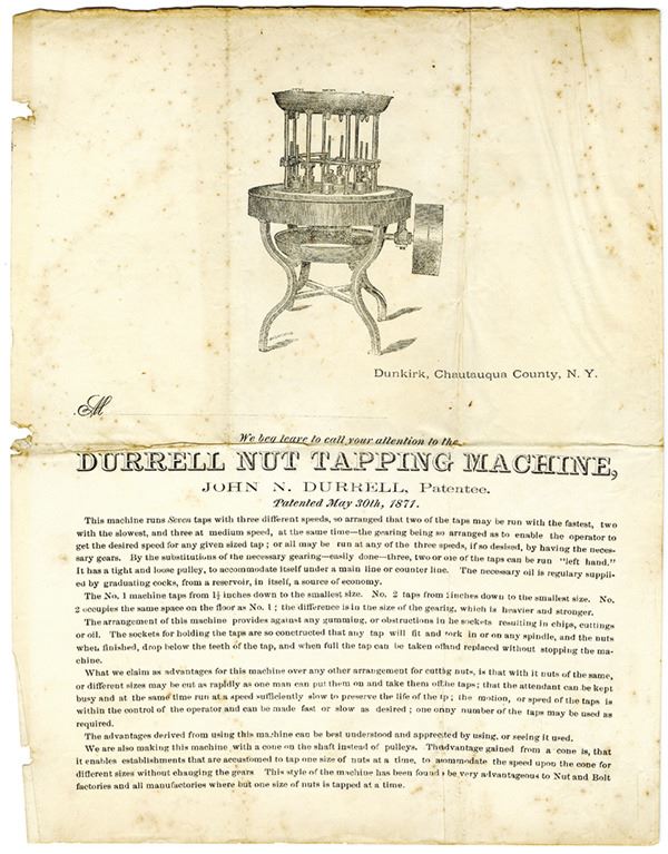 Durrell Nut Tapping Machine Dunkirk NY Patented 1871 2 pg. flier