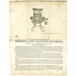 Durrell Nut Tapping Machine Dunkirk NY Patented 1871 2 pg. flier