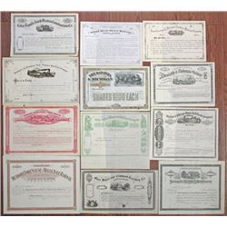Iowa, Indiana, Michigan, Illinois, West Virginia Rail Road Group of 12 U/U Stock Certificates, ca.18