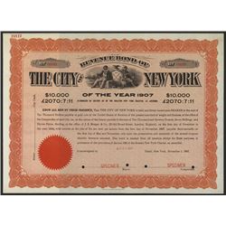Revenue Bond of the City of New York of the Year 1907, Specimen Bond.
