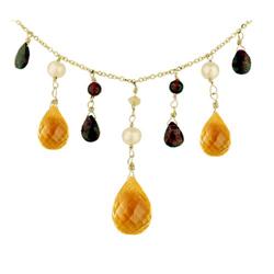14KY Gold 22.00ct Citrine, Garnet Pearl Neckla