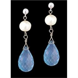 14KW Gold 5.72ct Genuine Blue Topaz Pearl Earr
