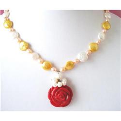Multi Freshwater Pearl /Red Coral Rose Necklac