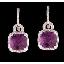 14KW Gold Cushion-Cut Amethyst / Diamond Earri