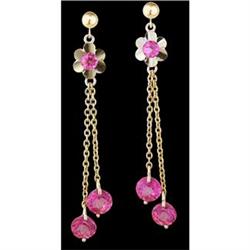 14KY Gold Pink Topaz Flower Dangling Earrings