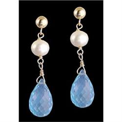14KY Gold 5.72ct Genuine Blue Topaz Pearl Earri