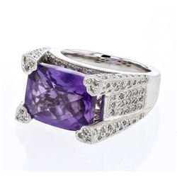 Natural 9.21 CTW Amethyst & Diamond Ring 18K White Gold - REF-220F5M
