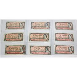 1954 LOT OF 9 OLD CANADA $2 BANK NOTES