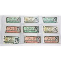 LOT OF 9 OLD CANADA $1 & $2 BANK NOTES
