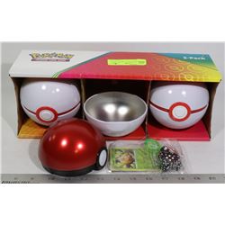 LOT OF 3 POKEBALLS WITH CARDS, DICE ETC.