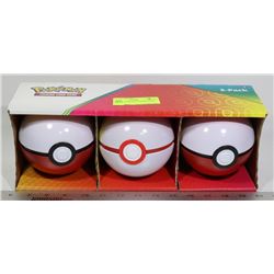 LOT OF 3 POKEBALLS WITH CARDS, DICE ETC.