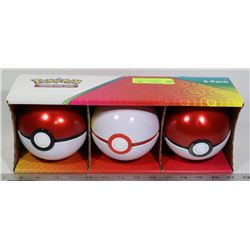 LOT OF 3 POKEBALLS WITH CARDS, DICE ETC.