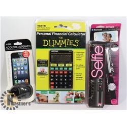 BOX OF NEW ELECTRONICS/DEVICES INCL SELFIE STICK