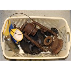 CAST IRON RIVETER, BEACON LANTERN, LEG TRAP & ASST