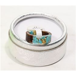 TURQUOISE, WOOD & GOLD FLAKE RESIN RING SZ 17