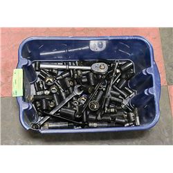 BIN OF ASSORTED BLACK STANLEY SOCKETS WITH RATCHET