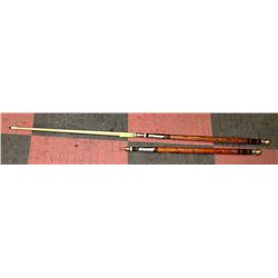 PAIR OF COLLAPSIBLE WOOD AND BRASS POOL CUES