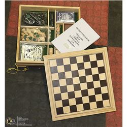 NEW WOOD BOX MULTI GAMES-CHESS, CHECKERS, CRIB