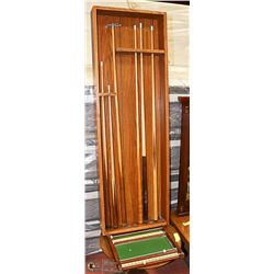 POOL CUE HOLDER WITH CONTENTS AND SCORE KEEPER