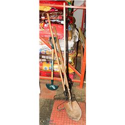 LOT OF YARD TOOLS INCLUDING POST HOLE DIGGER