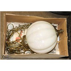 ANTIQUE GLASS AND BRASS HANGING LAMP