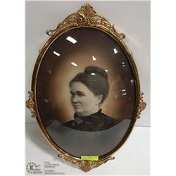 ANTIQUE OVAL CONVEX BUBBLE GLASS FRAMED PICTURE.