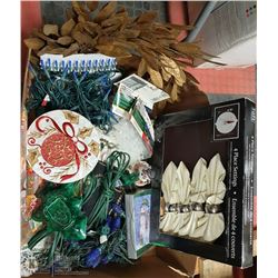 BOX OF CHRISTMAS ITEMS INC- TREE SKIRT, WREATH,