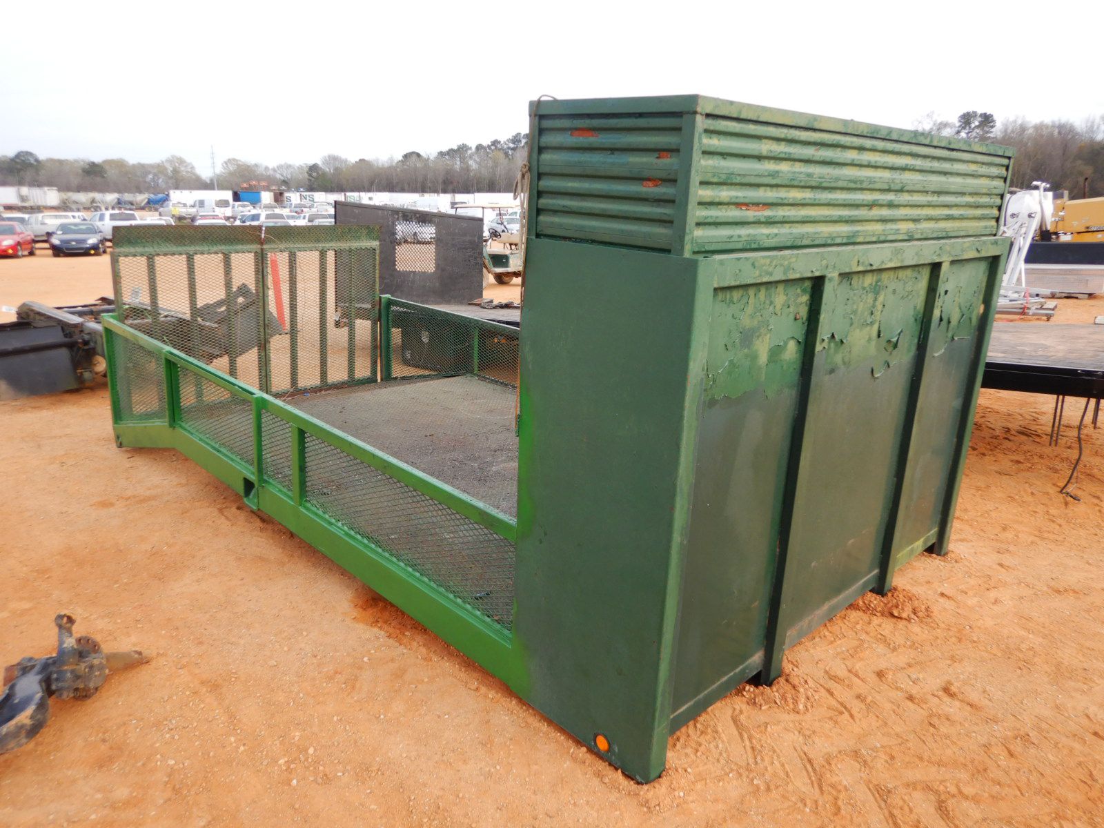 16' x 8' flatbed w/4' dovetail, fold down ramp, storage shelve, side rail